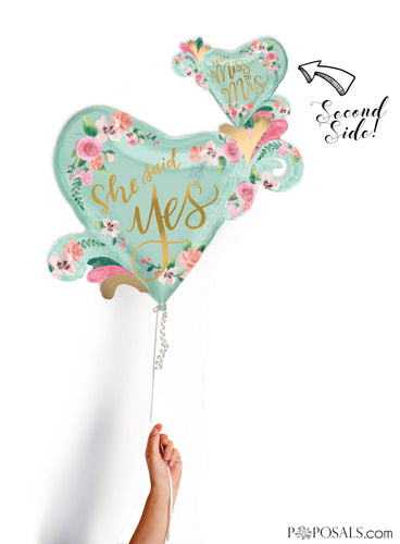 2-Sided Mint and Gold Heart 'She said Yes' and Miss Mrs'  Pink Watercolor Flower 32